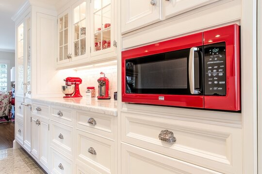 Modern Kitchen with Red Microwave and White Cabinets Decor