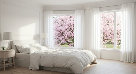 Fototapeta premium Serene Spring Bedroom: 3D Render of a sunlit room with blossoming trees AI Generated