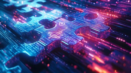 Fototapeta premium A vibrant digital puzzle piece illuminated in neon colors, symbolizing connectivity and technology in a futuristic setting.