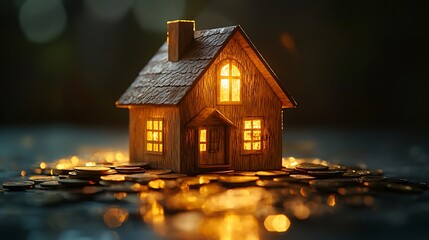 Illuminated Wooden House Model Surrounded by Coins, A small wooden house model illuminated from within, surrounded by coins and soft candlelight
