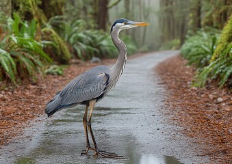 Heron on Rainy Forest Trail