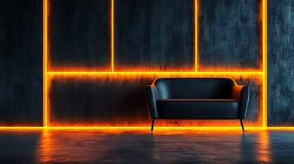 Modern, minimalist living area with orange accent lighting.