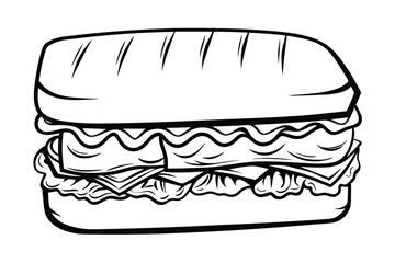Detailed Line Art Illustration Of A Loaded Sandwich With Lettuce Cheese And Meats Ready To Eat