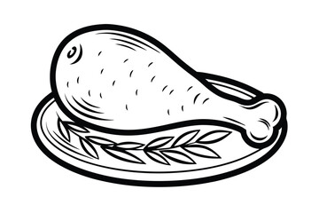 Monochromatic Line Art Of Chicken Leg On Decorated Plate,Gourmet Meal Illustration For Culinary Projects And Designs