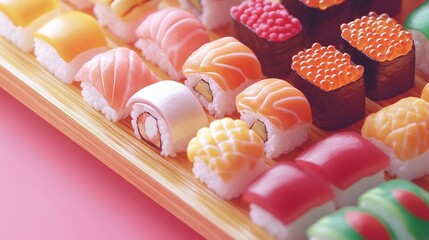 Artistic close up of colorful and diverse sushi set on a bamboo tray