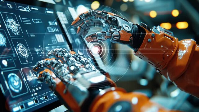 Robotic Interaction: A close-up shot depicts a robotic arm manipulating a high-tech interface, symbolizing innovation in technology and human-machine collaboration.