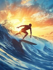 Surfer Silhouette at Sunset: Dramatic Ocean Wave Riding