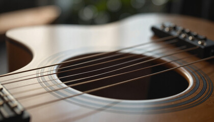 Obraz premium Close-up guitar strings reflecting light in indoor setting, musical artistry