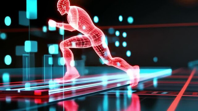 Dynamic Runner in Futuristic Digital World: A vibrant and energetic representation of a runner is set against an innovative digital landscape.