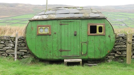 Rustic, oval-shaped, green wooden shed nestled against a stone wall.