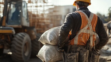 Construction worker unloading materials. Featuring construction site work and material handling
