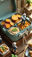 A cozy, oversized lunchbox scene where tiny farmers are finishing a healthy lunchbox