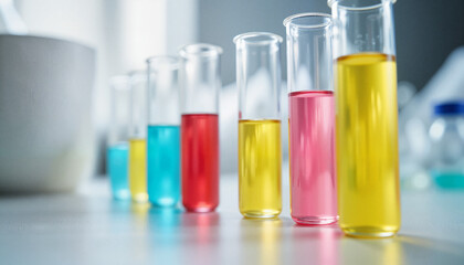 Colorful test tubes arranged in science lab, experimentation concept