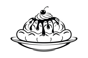 Black And White Banana Split Dessert With Chocolate Syrup And Cherry Topping Line Art