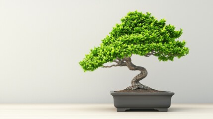 A small bonsai tree in a black pot sits on a light wooden floor against a light gray wall.