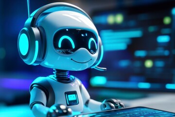 Friendly Robot with Headset in Front of Computer Screen Glow