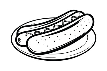 Two Hot Dogs On A Plate Illustration With Mustard Outline Classic Black And White Image