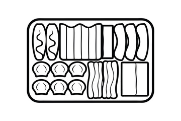 Black And White Vector Illustration Of Sausage Dumpling Tofu And Fish Cake In Takeaway Tray Minimalist Style
