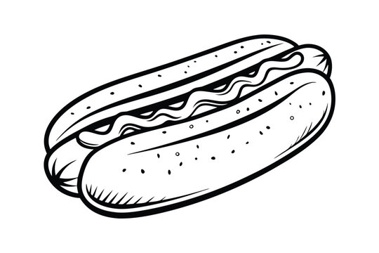 recommend clip art: Monochrome Hot Dog Illustration Classic American Fast Food Icon With Mustard Topping Simple Line Art Design