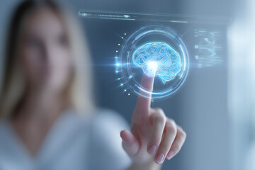 Woman Interacting with AI Brain on a Futuristic Digital Interface