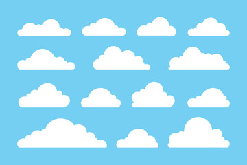 White isolated different clouds on a blue background, set. Graphic simple vector illustration, flat design. Airy heavenly empty element for decoration, message, design, label with a place for text