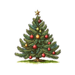 Vintage Hand-Drawn Christmas Tree with Ornaments and Star