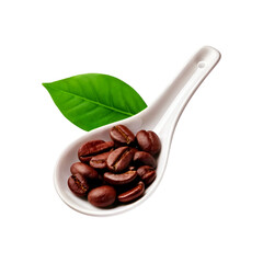 Fototapeta premium White spoon of coffee seed with leaf on transparent background