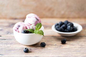 Blueberry yogurt ice cream with mint leaves.