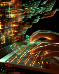 Hands typing on keyboard with digital financial documents and invoice icons emerging from the screen 