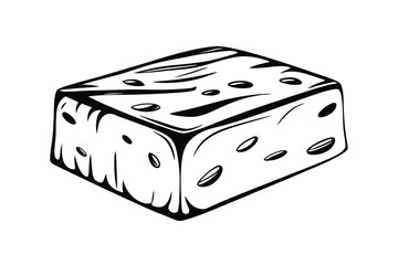 Black And White Graphic Vector Illustration Of A Rectangular Piece Of Cheese With Holes For Culinary Designs And Menu Elements
