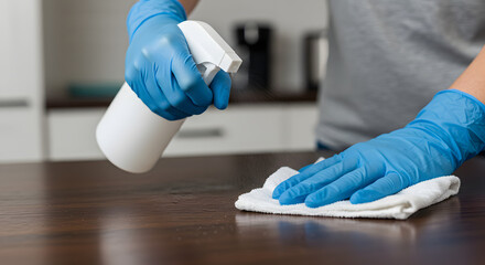 Gloved Hands Disinfecting a Dark Wood Surface: Clean, Simple, and Sanitary