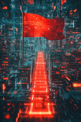 Red success flag at the top of a glowing digital staircase with progress bars leading upward 