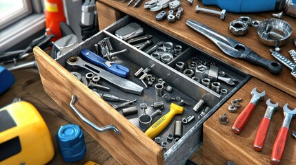 Vintage storage drawer filled with tools workshop environment detailed close-up organized and functional