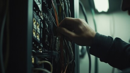 Obraz premium Electrician connecting electrical panel. Featuring electrical connections and panel setup