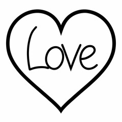 Single hand drawn contour heart with word love  vector on white background.