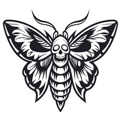 Skull Moth Tattoo Design, Detailed Wings, Mandibles, Antennae, Black and White