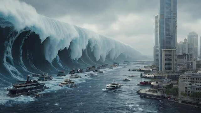A massive tsunami approaches a coastal city, threatening boats and skyscrapers.
