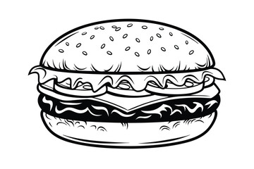 Monochrome Burger Illustration Detailed Fast Food Sketch With Sesame Bun Cheese And Lettuce Creative Style