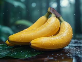 A Bunch of Fresh Yellow Bananas on a Wet Surface, Emphasizing the Vibrant Color, Water Droplets, and Background Blur, Evoking a Sense of Freshness and Tropical Ambiance.