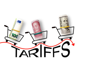 100 dollars, yuan and euros on a white background with word Tariffs. Trade, customs, duty and...