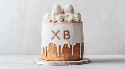 Easter Kulich with letters "XB" (meaning "Christ is Risen" in Russian) Decorated with Cream Roses and Candy Eggs on Isolated Solid Background. Space for Text