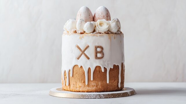 Easter Kulich with letters "XB" (meaning "Christ is Risen" in Russian) Decorated with Cream Roses and Candy Eggs on Isolated Solid Background. Space for Text
