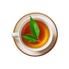 Top view of white cup and plate of tea with tea leaf on transparent background