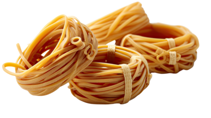 Pasta nests close up: A close-up shot of several pasta nests, showcasing the intricate details and textures of the coiled pasta. The image highlights the appetizing appeal of this food item.