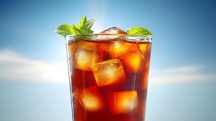 Refreshing Iced Tea in Glass with Mint Leaves and Ice Cubes