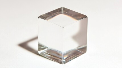 A clear glass cube with a reflective surface.