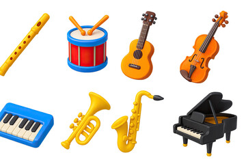 Vibrant 3d musical instrument icons set for creative projects