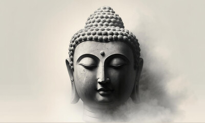Monochrome Buddha Head Sculpture With Closed Eyes On Light Background Symbolizing Calm Meditation And Wisdom