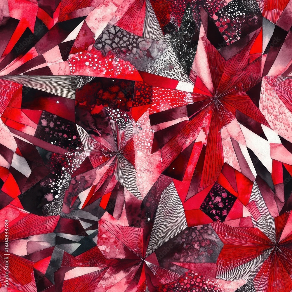 Aufkleber dynamic abstract watercolor pattern with geometric shapes and textural elements in shades of red and