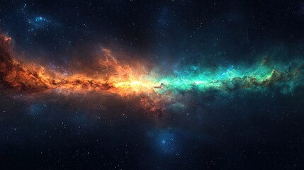 Obraz premium A vibrant nebula stretches across the image, displaying a spectrum of colors from orange to blue.